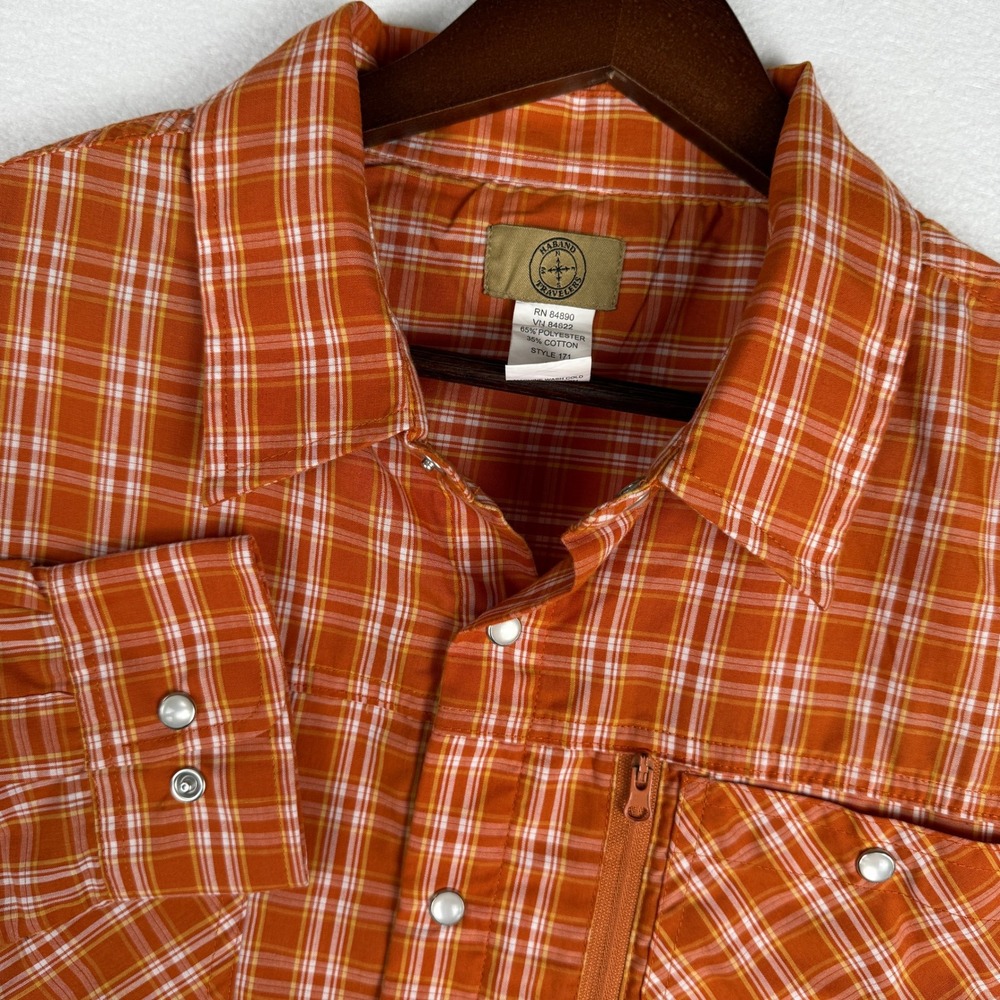 Haband Travelers Pearl Snap‎ Shirt Mens Medium Orange Plaid Western Long Sleeve